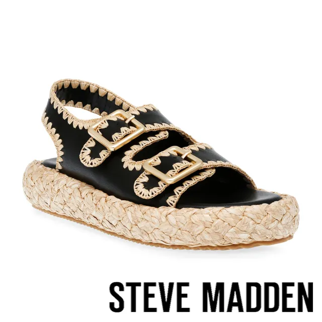 【STEVE MADDEN】PORTOFINO 調節扣草編厚底涼鞋(黑色)