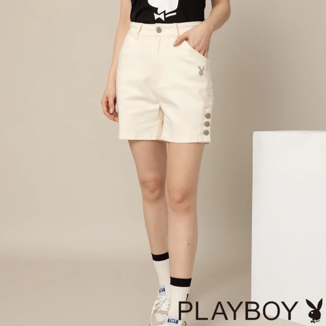 PLAYBOY 斜紋棉帥氣飾釦四分褲(米白色)