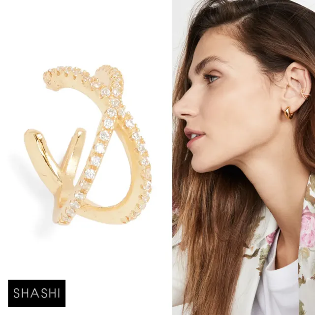 【SHASHI】紐約品牌 Stacey Pave Ear Cuff 鑲鑽十字架C型耳骨夾 無耳洞女孩必備(耳骨夾)