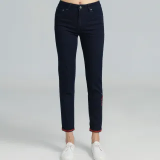 【BOBSON】女款中腰刺繡鑽飾小直筒褲(8183-52)