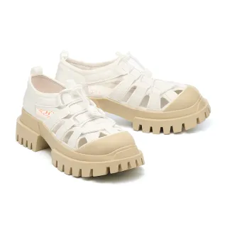 【MISS 21】個性潮酷簍空異材質純色彈力抽繩大頭厚底休閒鞋(白)