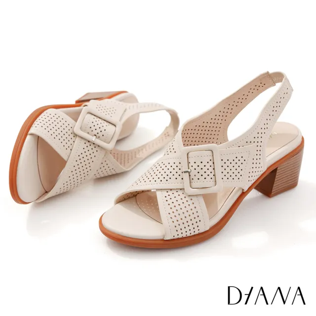 【DIANA】DIANA 6.5cm質感羊皮沖孔幾何交織皮帶釦飾粗跟涼鞋(牛奶白)
