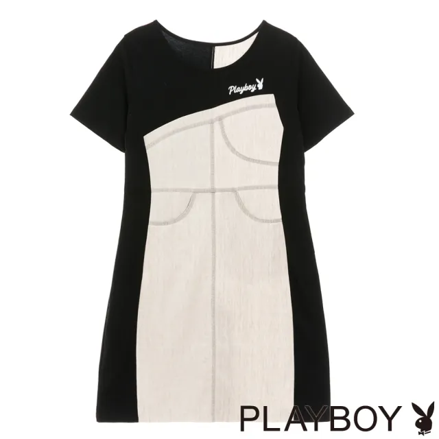 【PLAYBOY】拼接簡約撞色顯瘦洋裝(黑色)