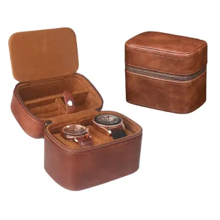 【京都良品】全包覆手工皮革商務腕錶/手錶收納盒 棕色兩錶位