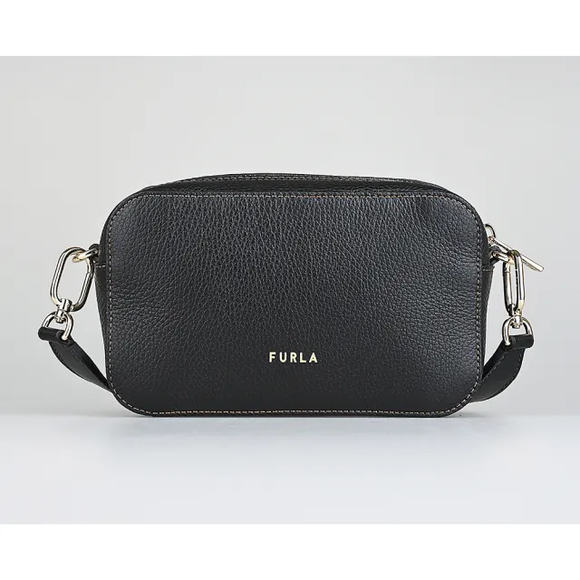 【FURLA 芙拉】FURLA PRIMULA金字拱門LOGO縫線設計小牛皮拉鍊斜背相機包(迷你/黑)