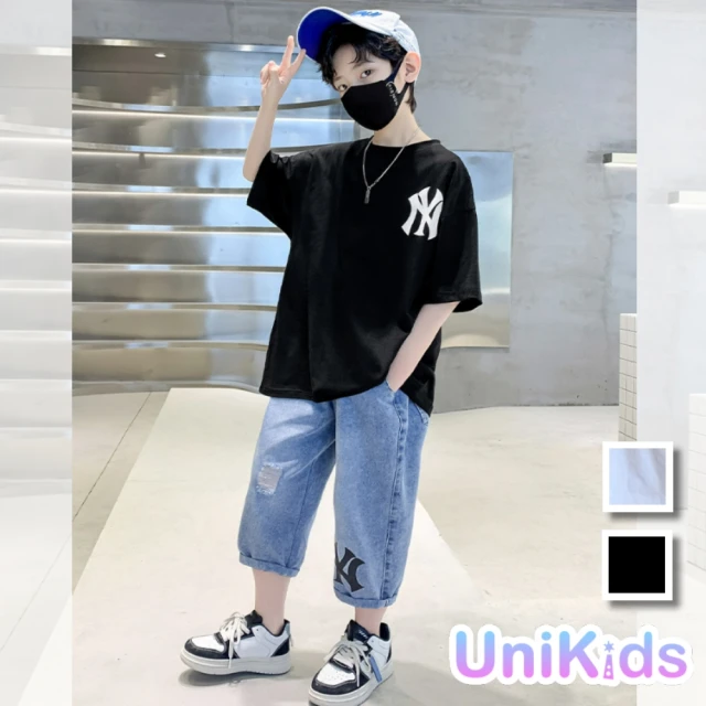 【UniKids】中大童裝2件套短袖T恤牛仔五分褲 男大童裝 VPTZE6026(白 黑)