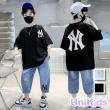 【UniKids】中大童裝2件套短袖T恤牛仔五分褲 男大童裝 VPTZE6026(白 黑)
