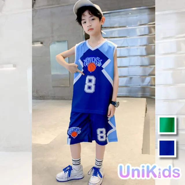 【UniKids】中大童裝2件套速乾籃球服無袖背心運動五分褲 男大童裝 VP2422118(綠 藍)