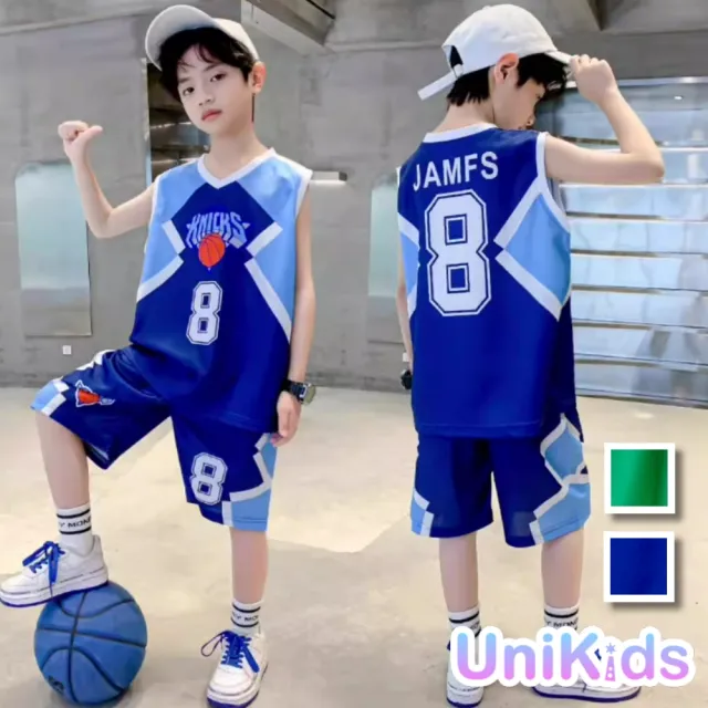 【UniKids】中大童裝2件套速乾籃球服無袖背心運動五分褲 男大童裝 VP2422118(綠 藍)