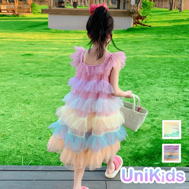 【UniKids】中大童裝飛袖洋裝 彩虹紗裙蓬蓬裙公主裙禮服蛋糕裙 女大童裝 CVYF2309(粉紅 黃)