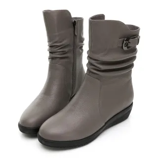 【GDC】輕量舒適真皮抓皺釦環楔型秋冬中筒靴-灰色(328659-15)