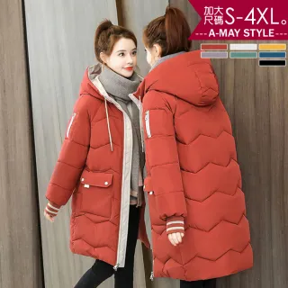 【Amay Style 艾美時尚】現貨 中大尺碼女裝 仿羽絨大衣 保暖亮眼中長版連帽保暖外套。S-4XL(7色)