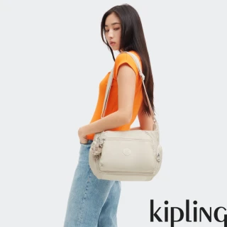 【KIPLING官方旗艦館】『牛角包』溫柔珍珠米色多袋實用側背包-GABBIE