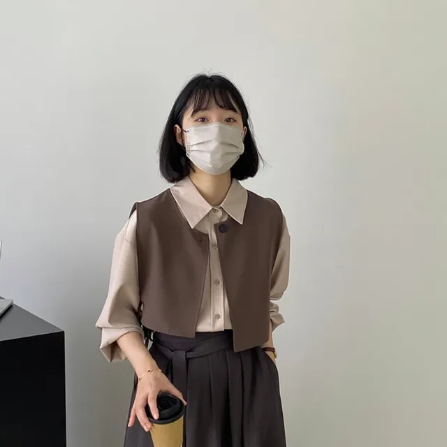 【巴黎精品】現貨+預購 長袖襯衫西裝背心 兩件套(通勤純色繫帶馬甲女裝a1cz40)