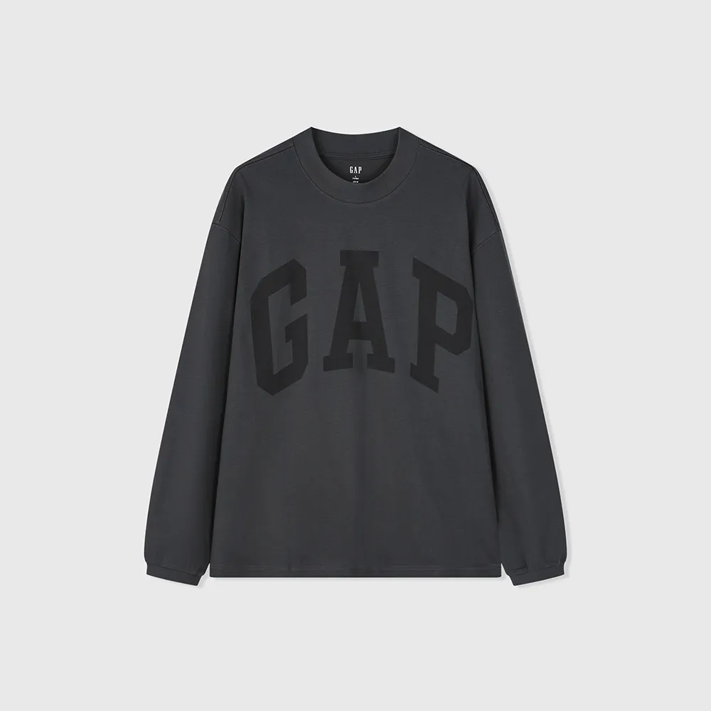 【GAP】男裝 Logo純棉圓領長袖T恤-黑灰色(452532)