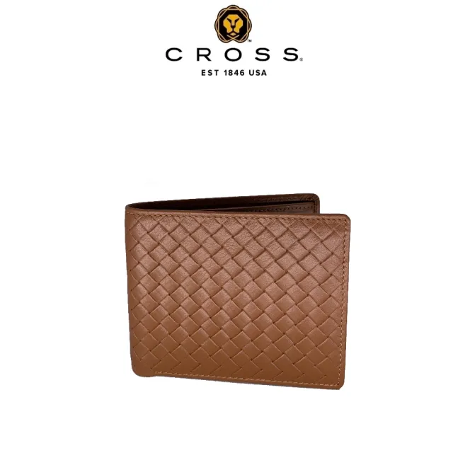 【CROSS】限量2折 頂級小牛皮編織紋8卡男用皮夾阿梅爾系列 全新專櫃展示品(咖啡色 贈禮盒提袋)
