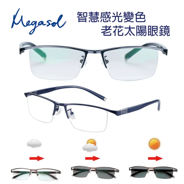 【MEGASOL】斯文青中性眉框老花眼鏡變色墨鏡太陽眼鏡(氣質書生半框-5BS-DB深藍色)