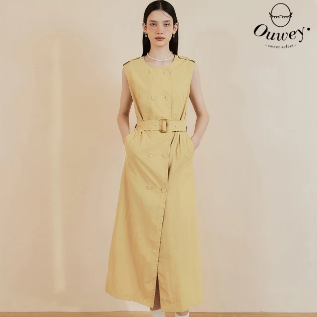 OUWEY 歐薇 風衣式雙排扣無袖長洋裝(淺黃色；S-L；3242397520)