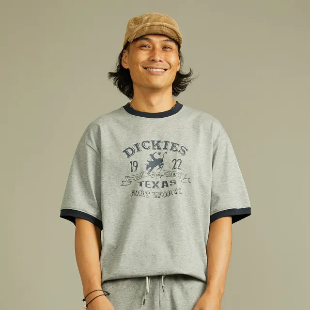 【Dickies】男女款羽灰色純棉胸前圖案印花撞色短袖T恤｜DK012307CQ8