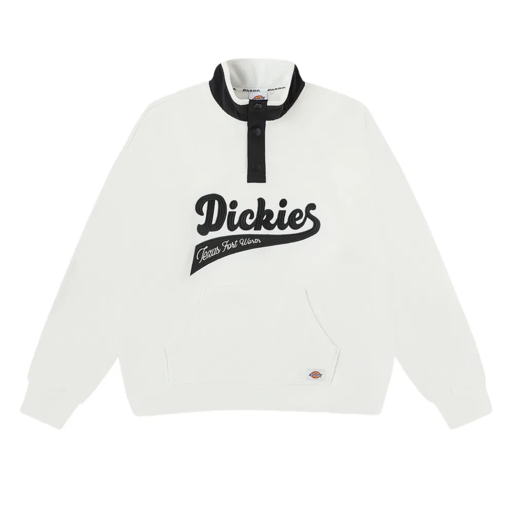 【Dickies】男款雪白色抓絨異材質拼接刺繡Logo立領大學T｜DK012295H25