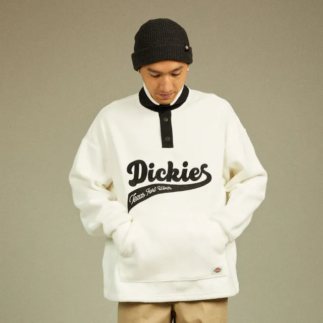 【Dickies】男款雪白色抓絨異材質拼接刺繡Logo立領大學T｜DK012295H25