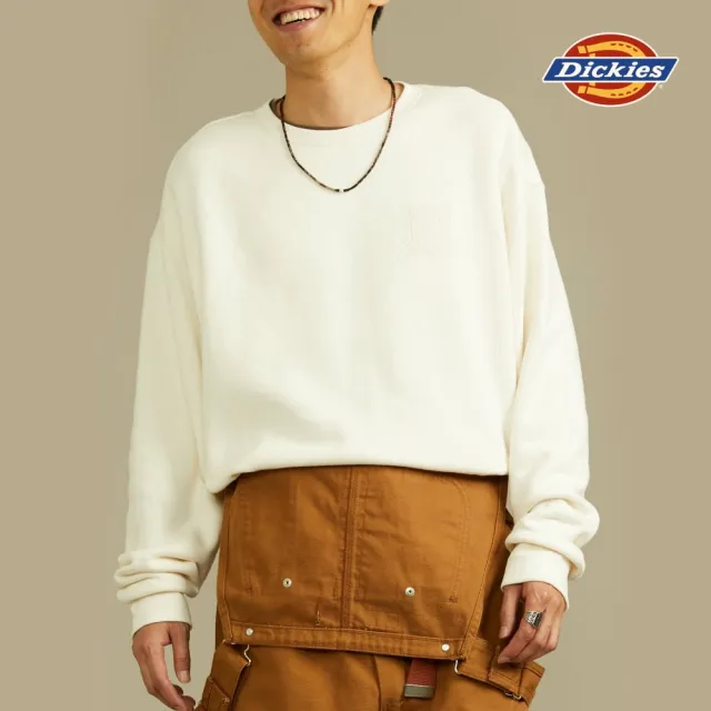 【Dickies】男款奶油色火山岩材質胸前字母D印花舒適保暖大學T｜DK012291C10