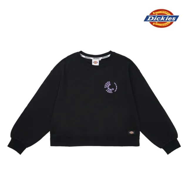 【Dickies】女款黑色純棉胸前字母刺繡寬鬆落肩短版大學T｜DK011604BLK