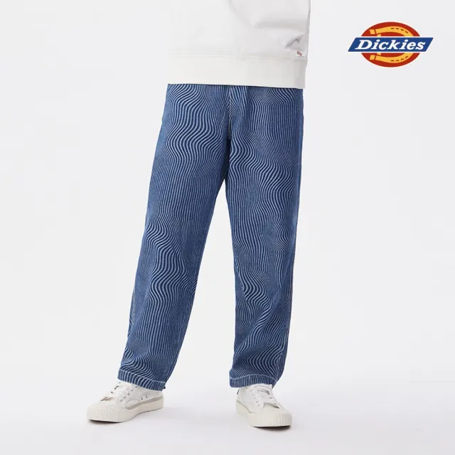 【Dickies】男款藍色曲線條紋純棉寬版長褲｜DK011571F51