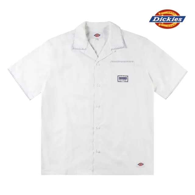 【Dickies】男款米白色純棉撞色鎖邊繡設計復古短袖襯衫｜DK011531C48