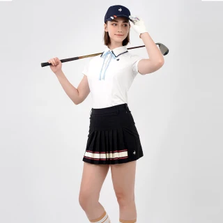 【LE COQ SPORTIF 公雞】高爾夫系列 女款黑色百摺設計修身彈力短裙 QLS8T701