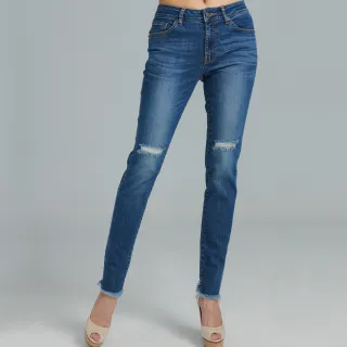 【BOBSON】女款中腰膝破小直筒褲(8172-53)