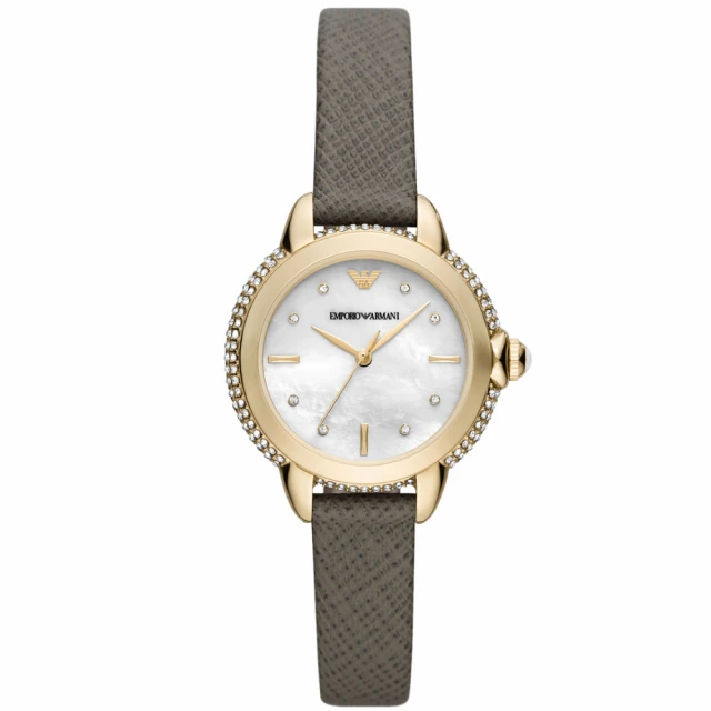 EMPORIO ARMANI 亞曼尼 公司貨 Mia 華麗典雅珍珠貝皮革腕錶/深灰x香檳金框(AR11526)