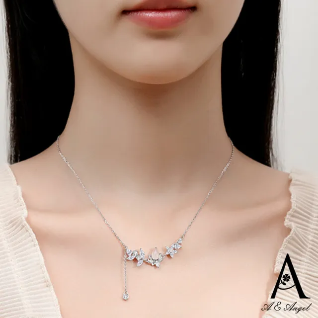 【ANGEL】小清新荷花白玉髓流蘇垂墜閃耀鋯石項鍊(白金色)