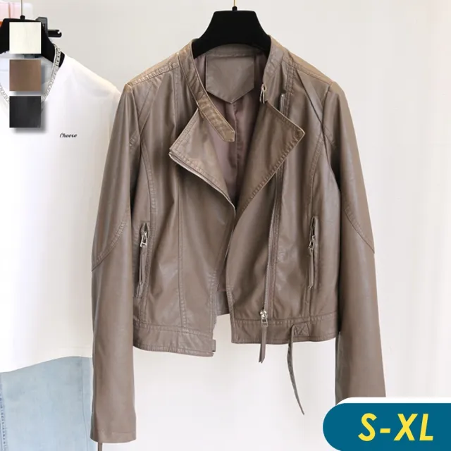 【CHACO】/預購/時尚皮釦翻領斜拉鏈質感PU皮衣夾克外套#PY2150(夾克 皮衣 機車外套 女外套)