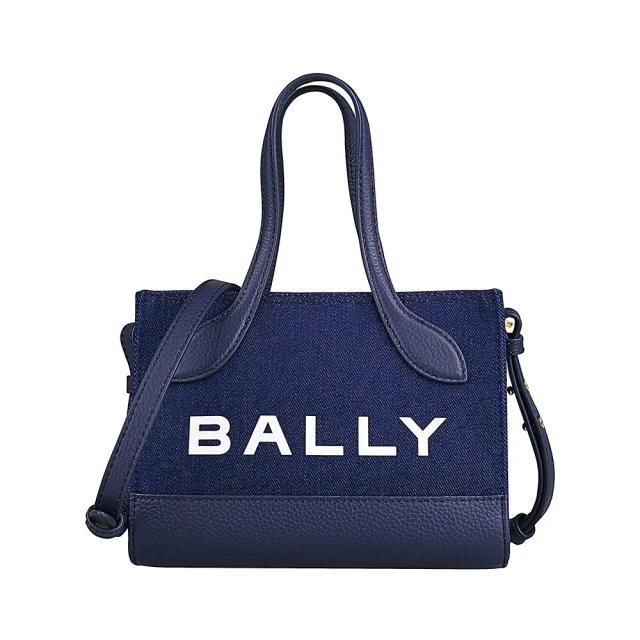 BALLY BALLY BAR字母LOGO牛仔布拼接皮革磁吸式手提斜背包(迷你/海洋藍)