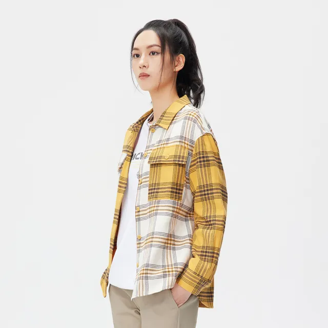 【Dickies】女款黃白格紋純棉胸前雙口袋長袖襯衫｜DK010837D81