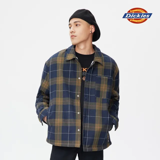 【Dickies】男款藍橘白格紋純棉修身襯衫外套｜DK011241D75(交換禮物/聖誕禮物)