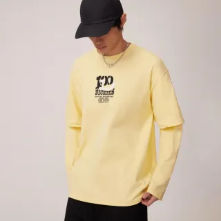 【Dickies】男女款鵝黃色純棉胸前百周年印花假兩件長袖T恤｜DK010180C33