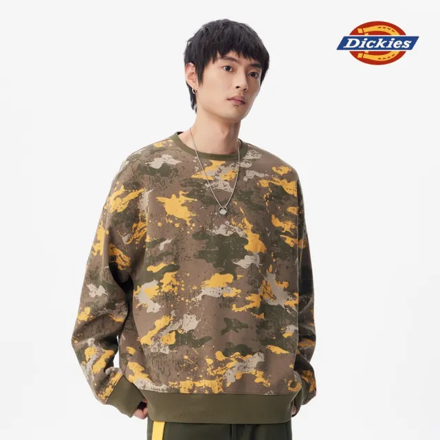 【Dickies】男款軍綠迷彩潑漆印花內抓絨寬版大學T｜DK010962D87