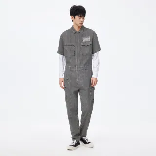 【Dickies】男款經典直條紋純棉胸前透明圖案徽章休閒連身褲｜DK010909D97