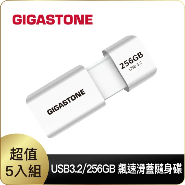 【GIGASTONE 立達】256GB USB3.1/3.2 Gen1 極簡滑蓋隨身碟 UD-3202 白-超值5入組(256G USB3.2 高速隨身碟)
