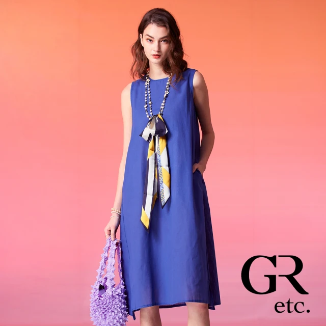 GLORY21 網路獨賣款-etc.簡約素色棉麻圓領無袖洋裝/連身裙(藍色)