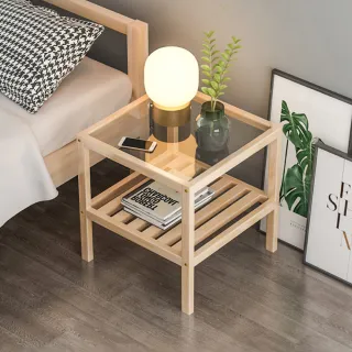 【新錸家居】IKEA北歐風★天然松木+強化玻璃床邊桌置物架-35cm(茶几 小方桌 臥室客廳玄關收納)