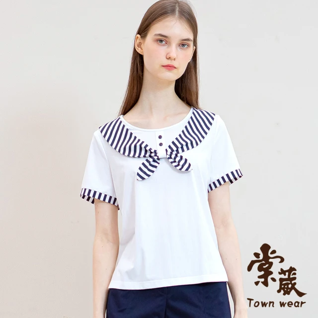 TOWN’WEAR 棠葳 條紋海軍領開衩棉質上衣(女上衣/女上著/短袖/撞色/休閒)