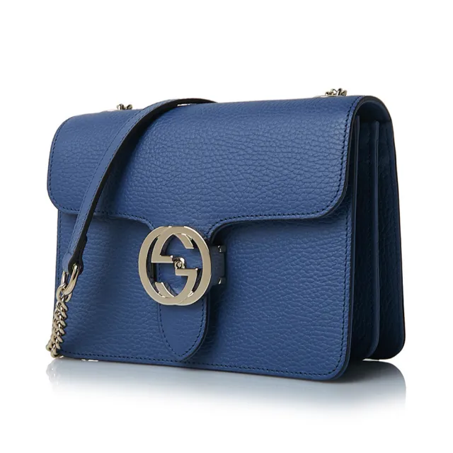 【GUCCI 古馳】510304 經典Interlocking系列雙G LOGO全皮革單鍊側肩包/斜背包(藍色)