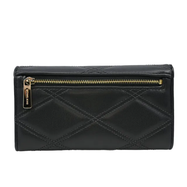 【Michael Kors】JET SET TRAVEL 黑色菱格紋衍縫皮革三折式中長夾(黑色)