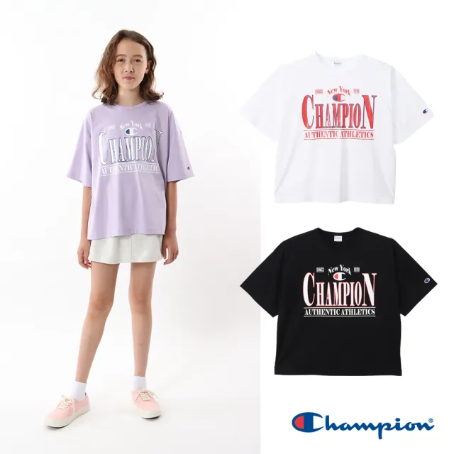 【Champion】官方直營-LOGO印花寬版上衣-女童裝(3色)