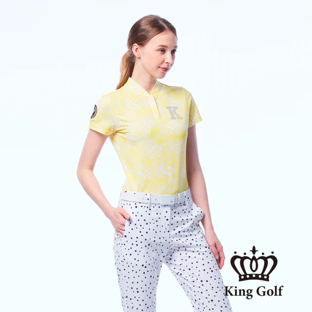 KING GOLF 實體同步款-女款滿版皇冠印花K字燙鑽小立領開襟POLO衫/高爾夫球(黃色)