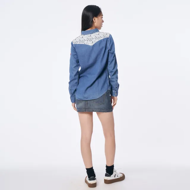 【5th STREET】女裝蕾絲拼接設計長袖襯衫-拔洗藍