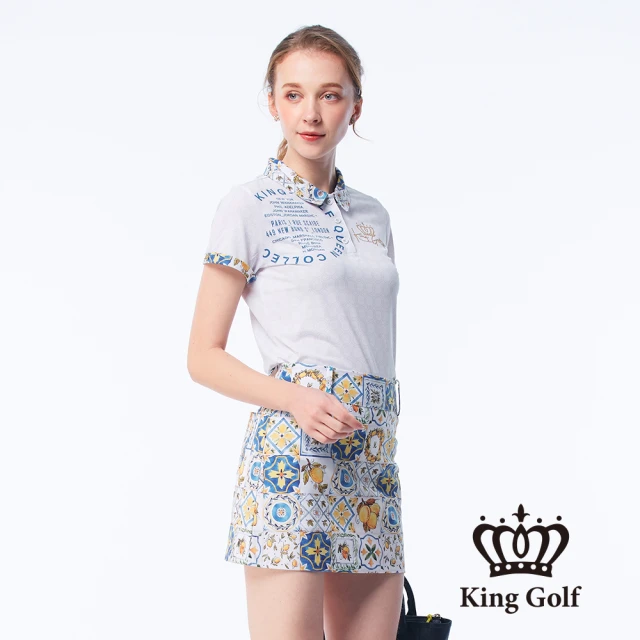 KING GOLF 實體同步款-女款文字印圖領片印花金蔥LOGO刺繡涼感短袖POLO衫/高爾夫球衫(白色)